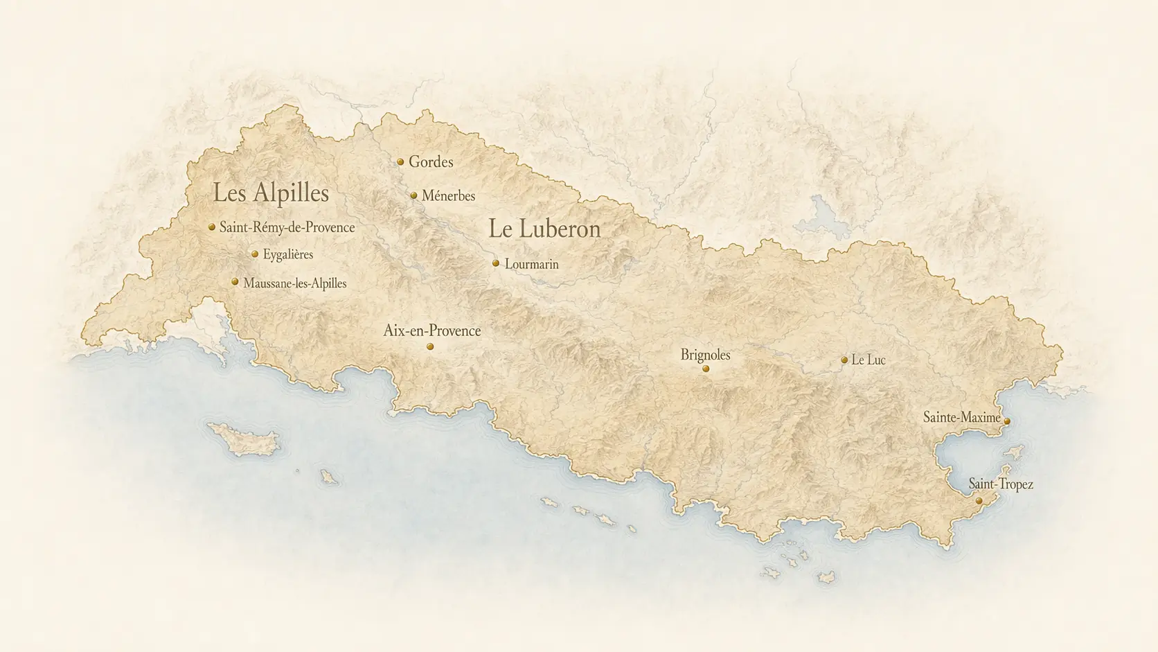 Carte de la zone d’intervention de Maison Quintésia, des Alpilles et du Luberon jusqu’à Aix-en-Provence et Saint-Tropez